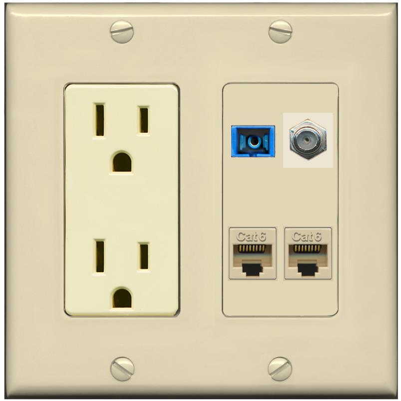 RiteAV 1 Port SC Singlemode Coax and 2 Cat6 Wall Plate - Outlet [Ivory/Ivory]