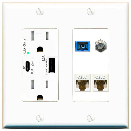RiteAV 1 Port SC Singlemode Coax and 2 Cat6 Wall Plate - USB AC Charger [White]