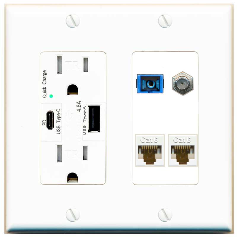 RiteAV 1 Port SC Singlemode Coax and 2 Cat6 Wall Plate - USB AC Charger [White]