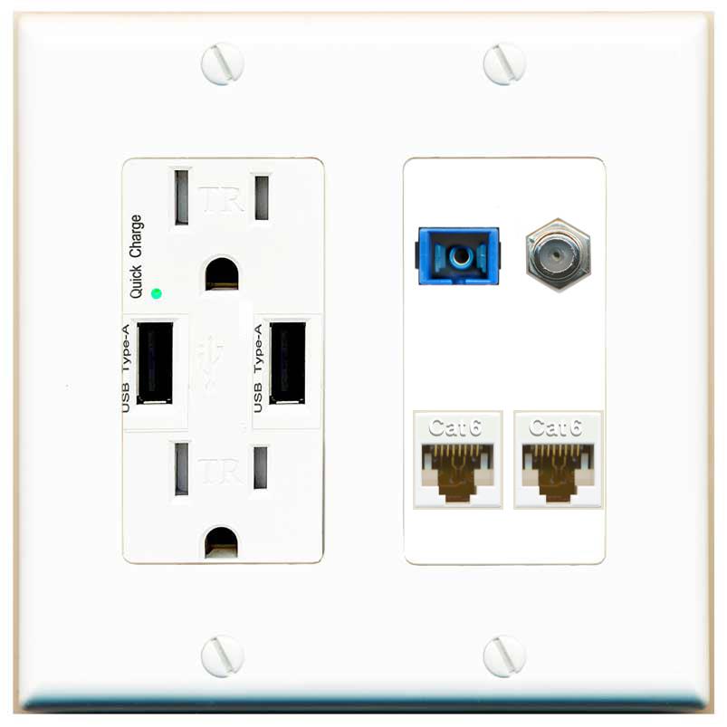RiteAV 1 Port SC Singlemode Coax and 2 Cat6 Wall Plate - USB Charger [White]