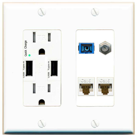 RiteAV 1 Port SC Singlemode Coax and 2 Cat6 Wall Plate - USB Charger [White]