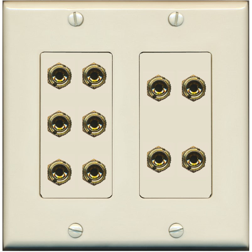 RiteAV 5.0 Surround Sound 5 Speaker 10 Banana Plug Jack Wall Plate Female Connectors - 2 Gang [Light-Almond]