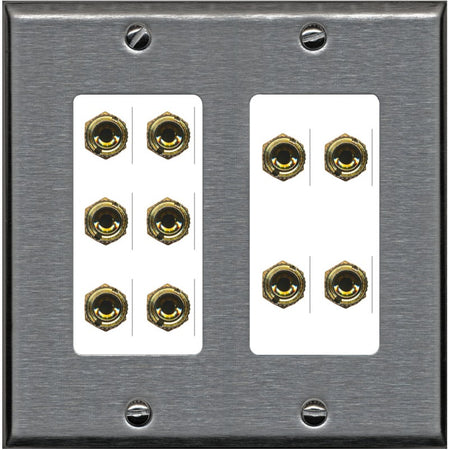 RiteAV 5.0 Surround Sound 5 Speaker 10 Banana Plug Jack Wall Plate Female Connectors - 2 Gang [Stainless/White]