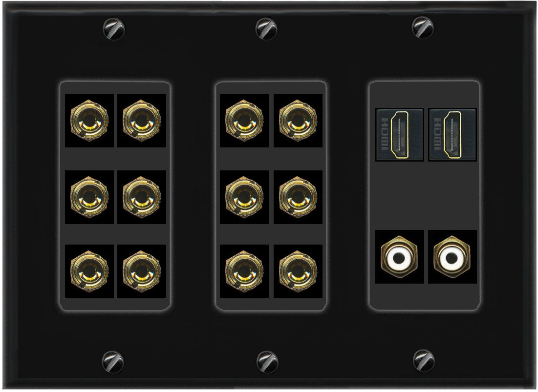 RiteAV 6.2 Surround Sound 6 Speaker 12 Banana Plug Jack Wall Plate w/ 2 RCA Subwoofer + 2 HDMI Female Connectors - 3 Gang [Black]