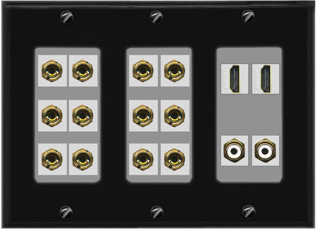 RiteAV 6.2 Surround Sound 6 Speaker 12 Banana Plug Jack Wall Plate w/ 2 RCA Subwoofer + 2 HDMI Female Connectors - 3 Gang [Black/Gray]