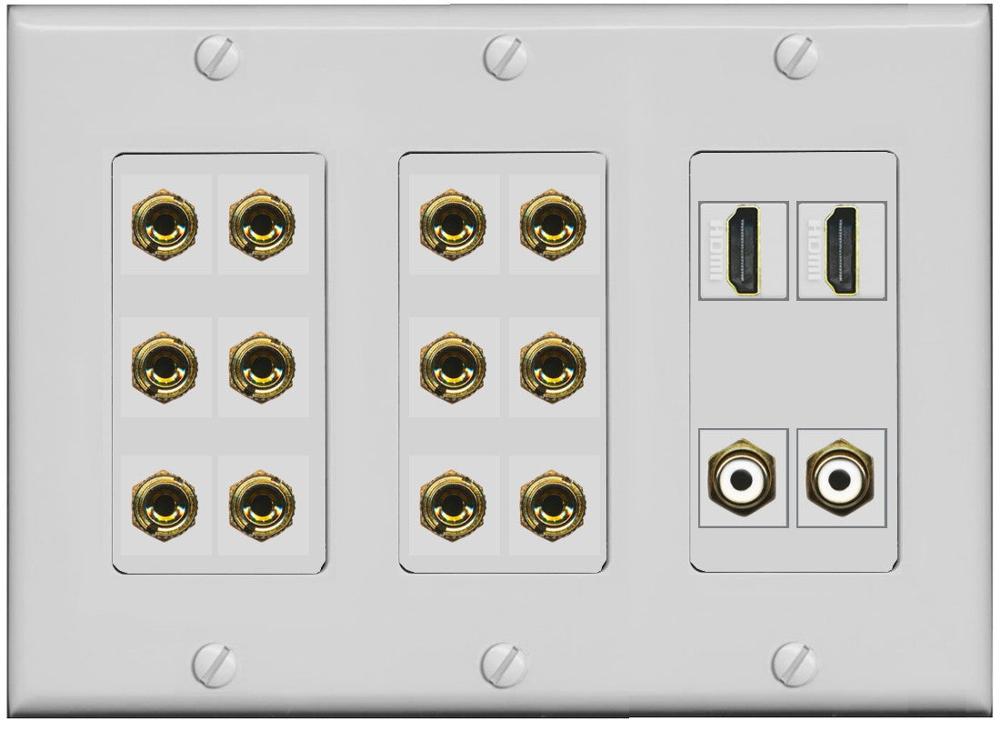RiteAV 6.2 Surround Sound 6 Speaker 12 Banana Plug Jack Wall Plate w/ 2 RCA Subwoofer + 2 HDMI Female Connectors - 3 Gang [Gray]