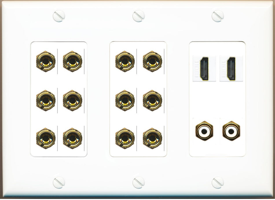 RiteAV 6.2 Surround Sound 6 Speaker 12 Banana Plug Jack Wall Plate w/ 2 RCA Subwoofer + 2 HDMI Female Connectors - 3 Gang [White]