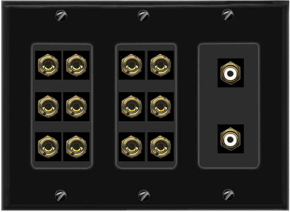 RiteAV 6.2 Surround Sound 6 Speaker 12 Banana Plug Jack Wall Plate w/2 RCA Subwoofer Female Connector - 3 Gang [Black]
