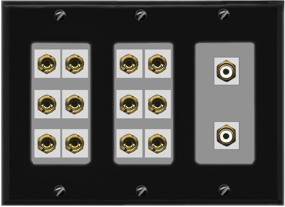 RiteAV 6.2 Surround Sound 6 Speaker 12 Banana Plug Jack Wall Plate w/2 RCA Subwoofer Female Connector - 3 Gang [Black/Gray]