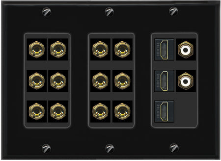 RiteAV 6.2 Surround Sound 6 Speaker 12 Banana Plug Jack Wall Plate w/ 2 RCA Subwoofer + 3 HDMI Female Connectors - 3 Gang [Black]