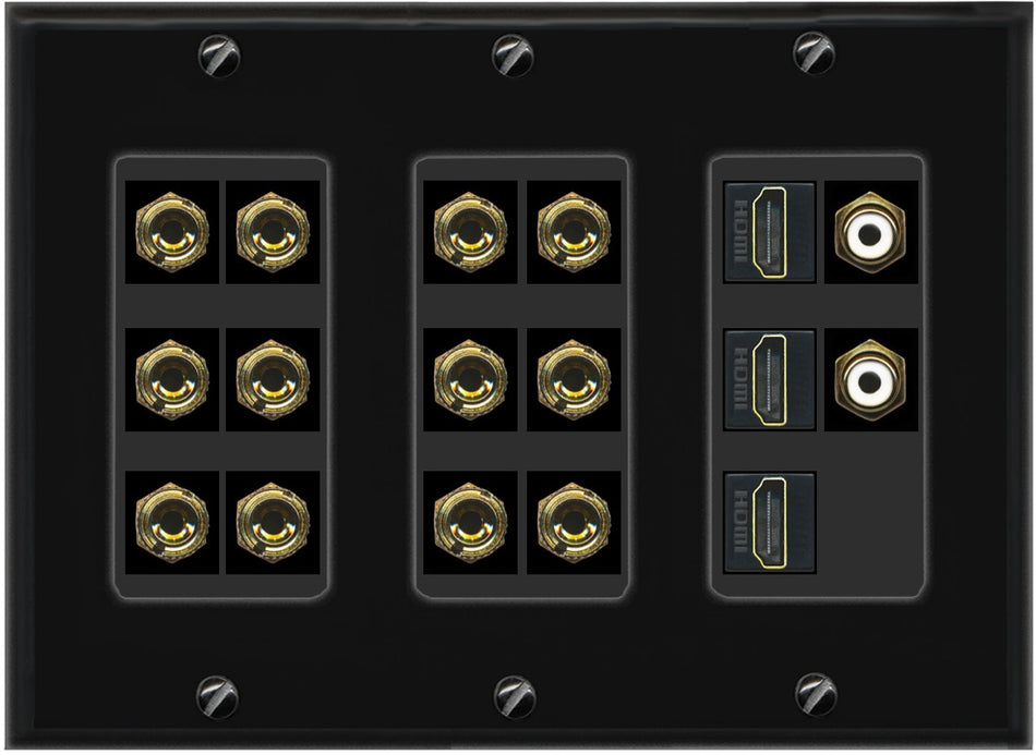 RiteAV 6.2 Surround Sound 6 Speaker 12 Banana Plug Jack Wall Plate w/ 2 RCA Subwoofer + 3 HDMI Female Connectors - 3 Gang [Black]