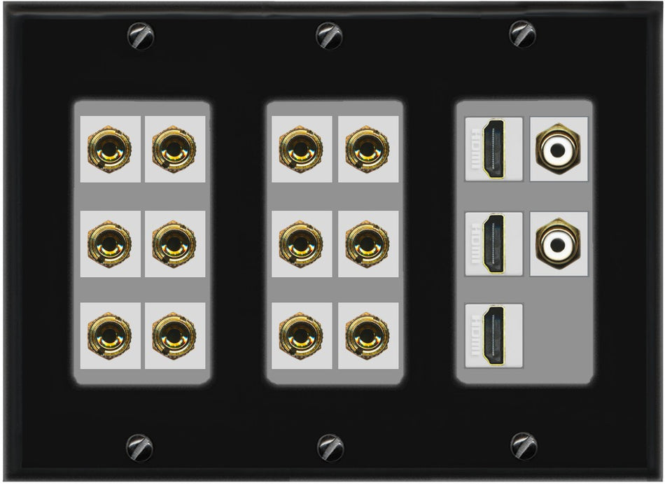 RiteAV 6.2 Surround Sound 6 Speaker 12 Banana Plug Jack Wall Plate w/ 2 RCA Subwoofer + 3 HDMI Female Connectors - 3 Gang [Black/Gray]