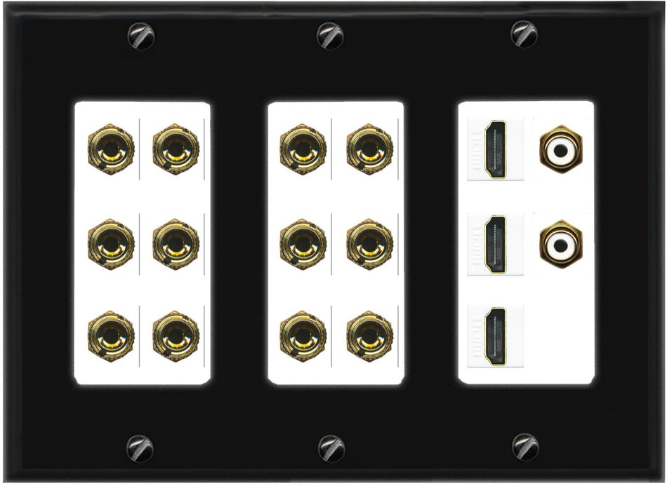 RiteAV 6.2 Surround Sound 6 Speaker 12 Banana Plug Jack Wall Plate w/ 2 RCA Subwoofer + 3 HDMI Female Connectors - 3 Gang [Black/White]