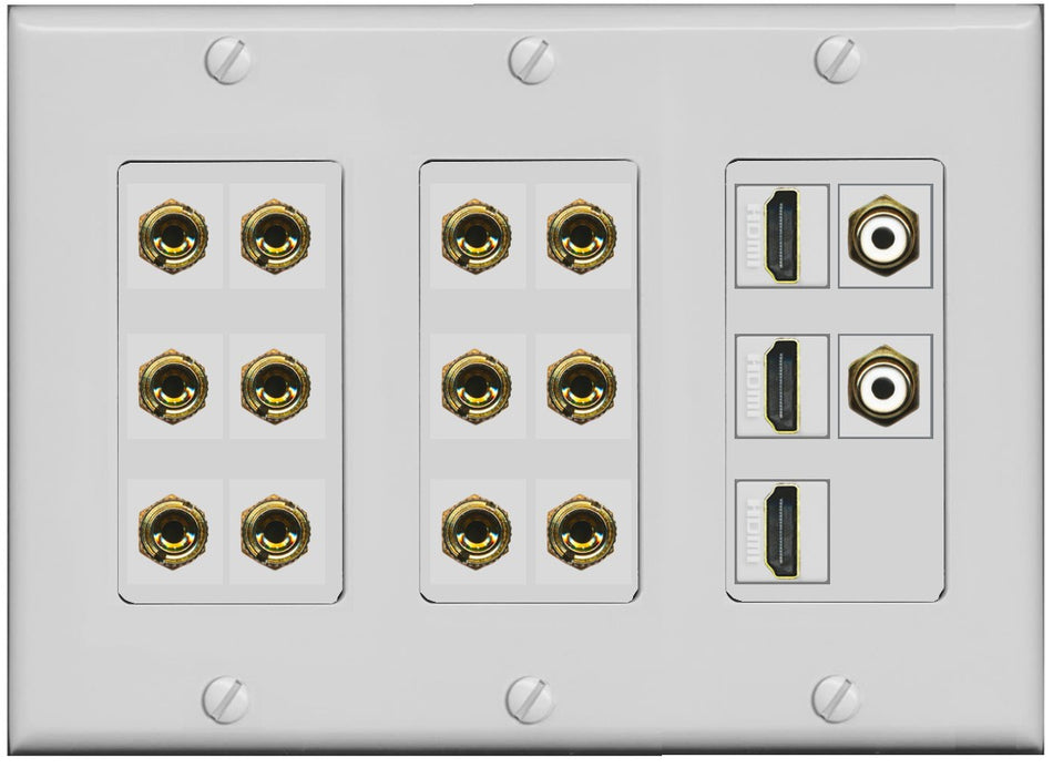 RiteAV 6.2 Surround Sound 6 Speaker 12 Banana Plug Jack Wall Plate w/ 2 RCA Subwoofer + 3 HDMI Female Connectors - 3 Gang [Gray]