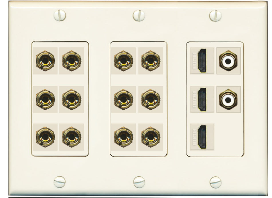 RiteAV 6.2 Surround Sound 6 Speaker 12 Banana Plug Jack Wall Plate w/ 2 RCA Subwoofer + 3 HDMI Female Connectors - 3 Gang [Light Almond]