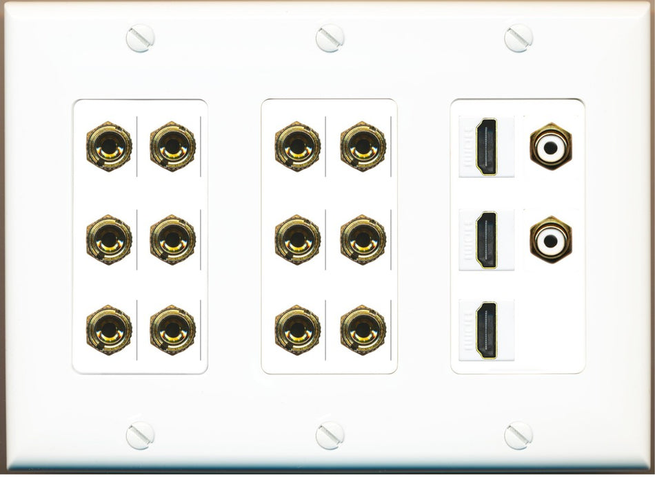 RiteAV 6.2 Surround Sound 6 Speaker 12 Banana Plug Jack Wall Plate w/ 2 RCA Subwoofer + 3 HDMI Female Connectors - 3 Gang [White]