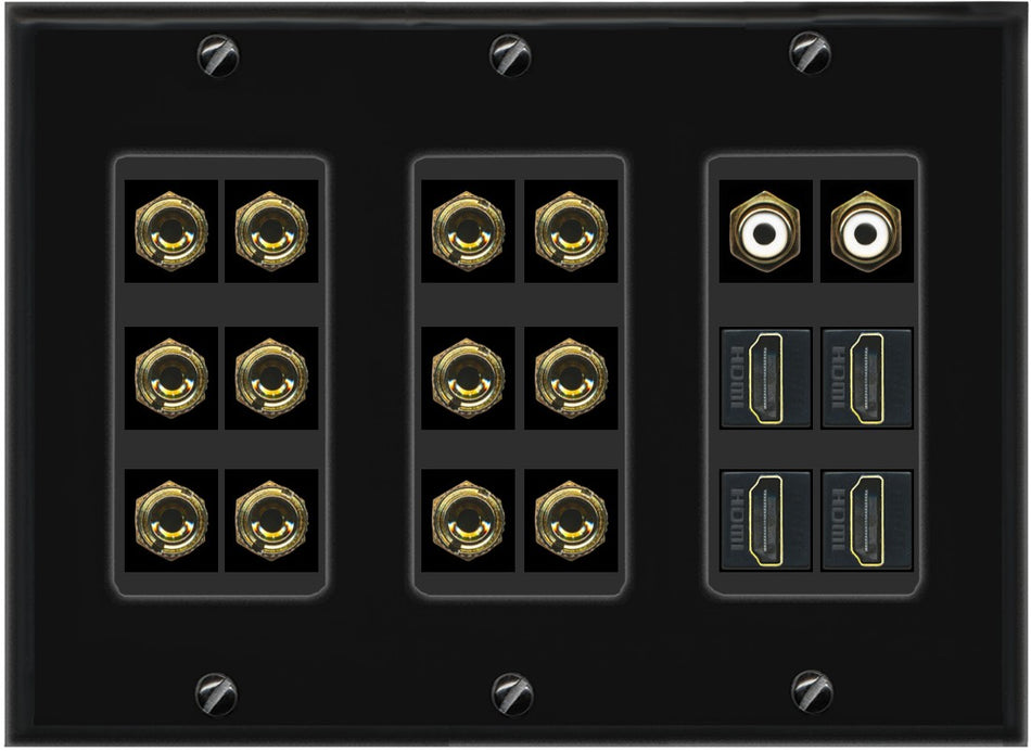 RiteAV 6.2 Surround Sound 6 Speaker 12 Banana Plug Jack Wall Plate w/ 2 RCA Subwoofer + 4 HDMI Female Connectors - 3 Gang [Black]