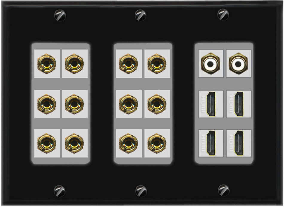 RiteAV 6.2 Surround Sound 6 Speaker 12 Banana Plug Jack Wall Plate w/ 2 RCA Subwoofer + 4 HDMI Female Connectors - 3 Gang [Black/Gray]