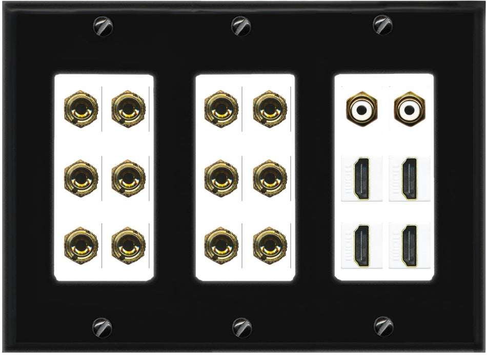 RiteAV 6.2 Surround Sound 6 Speaker 12 Banana Plug Jack Wall Plate w/ 2 RCA Subwoofer + 4 HDMI Female Connectors - 3 Gang [Black/White]