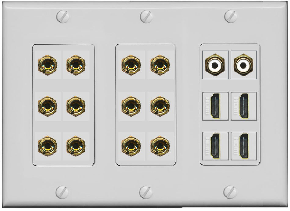 RiteAV 6.2 Surround Sound 6 Speaker 12 Banana Plug Jack Wall Plate w/ 2 RCA Subwoofer + 4 HDMI Female Connectors - 3 Gang [Gray]