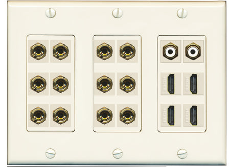 RiteAV 6.2 Surround Sound 6 Speaker 12 Banana Plug Jack Wall Plate w/ 2 RCA Subwoofer + 4 HDMI Female Connectors - 3 Gang [Light Almond]
