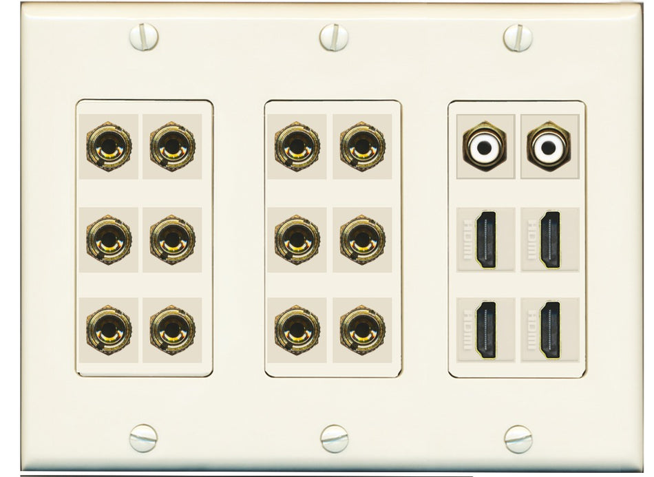 RiteAV 6.2 Surround Sound 6 Speaker 12 Banana Plug Jack Wall Plate w/ 2 RCA Subwoofer + 4 HDMI Female Connectors - 3 Gang [Light Almond]