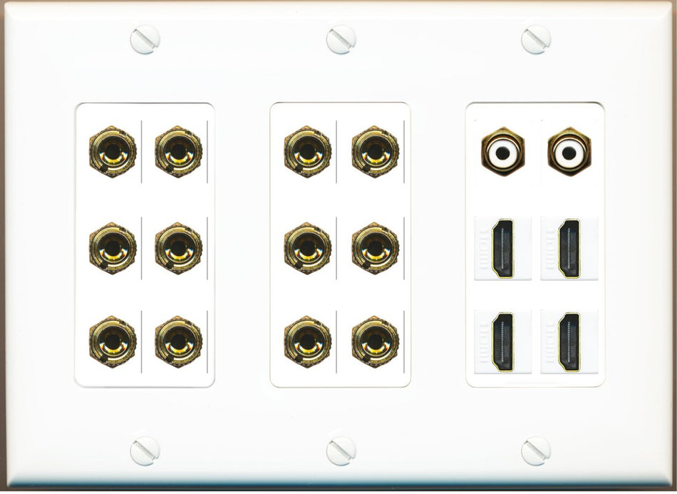 RiteAV 6.2 Surround Sound 6 Speaker 12 Banana Plug Jack Wall Plate w/ 2 RCA Subwoofer + 4 HDMI Female Connectors - 3 Gang [White]
