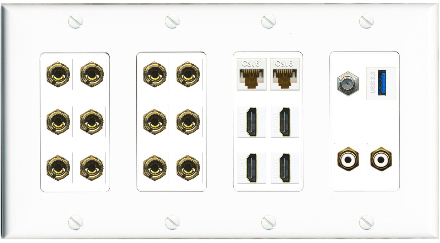 RiteAV 6.2 Surround Sound 6 Speaker 12 Banana Plug Jack Wall Plate w/ 2 RCA Subwoofer + 4 HDMI Coax + 2 x Cat6 1 x USB Jacks - 4 Gang [White]