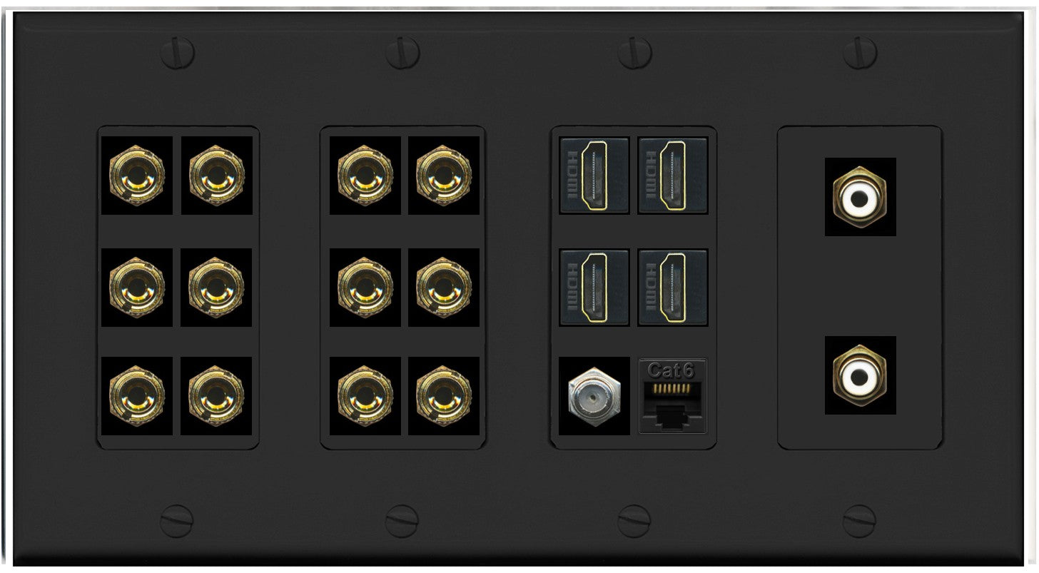 RiteAV 6.2 Surround Sound 6 Speaker 12 Banana Plug Jack Wall Plate w/ 2 RCA Subwoofer + 4 HDMI + 1 x Coax Cat6 Jacks - 4 Gang [Black]
