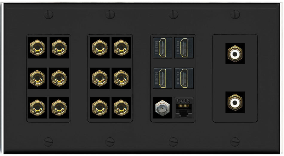 RiteAV 6.2 Surround Sound 6 Speaker 12 Banana Plug Jack Wall Plate w/ 2 RCA Subwoofer + 4 HDMI + 1 x Coax Cat6 Jacks - 4 Gang [Black]