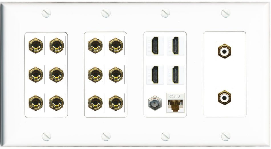 RiteAV 6.2 Surround Sound 6 Speaker 12 Banana Plug Jack Wall Plate w/ 2 RCA Subwoofer + 4 HDMI + 1 x Coax Cat6 Jacks - 4 Gang [White]