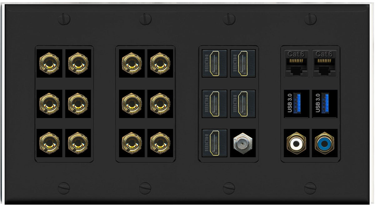 RiteAV 6.2 Surround Sound 6 Speaker 12 Banana Plug Jack Wall Plate w/ 2 RCA Subwoofer + 5 HDMI Coax + 2 x Cat6 2 x USB Jacks - 4 Gang [Black]