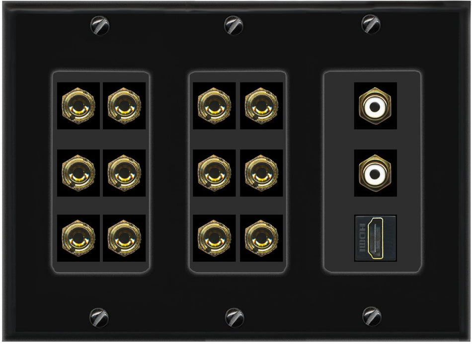 RiteAV 6.2 Surround Sound 6 Speaker 12 Banana Plug Jack Wall Plate w/ 2 RCA Subwoofer + 1 HDMI Female Connectors - 3 Gang [Black]