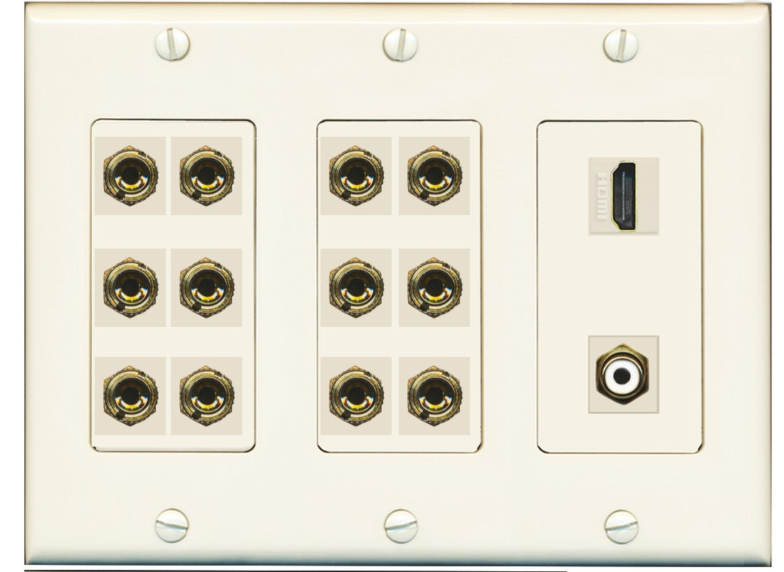 RiteAV 6.1 Surround Sound 6 Speaker 12 Banana Wall Plate with HDMI and RCA Female to Female Connectors - 3 Gang [Light Almond]