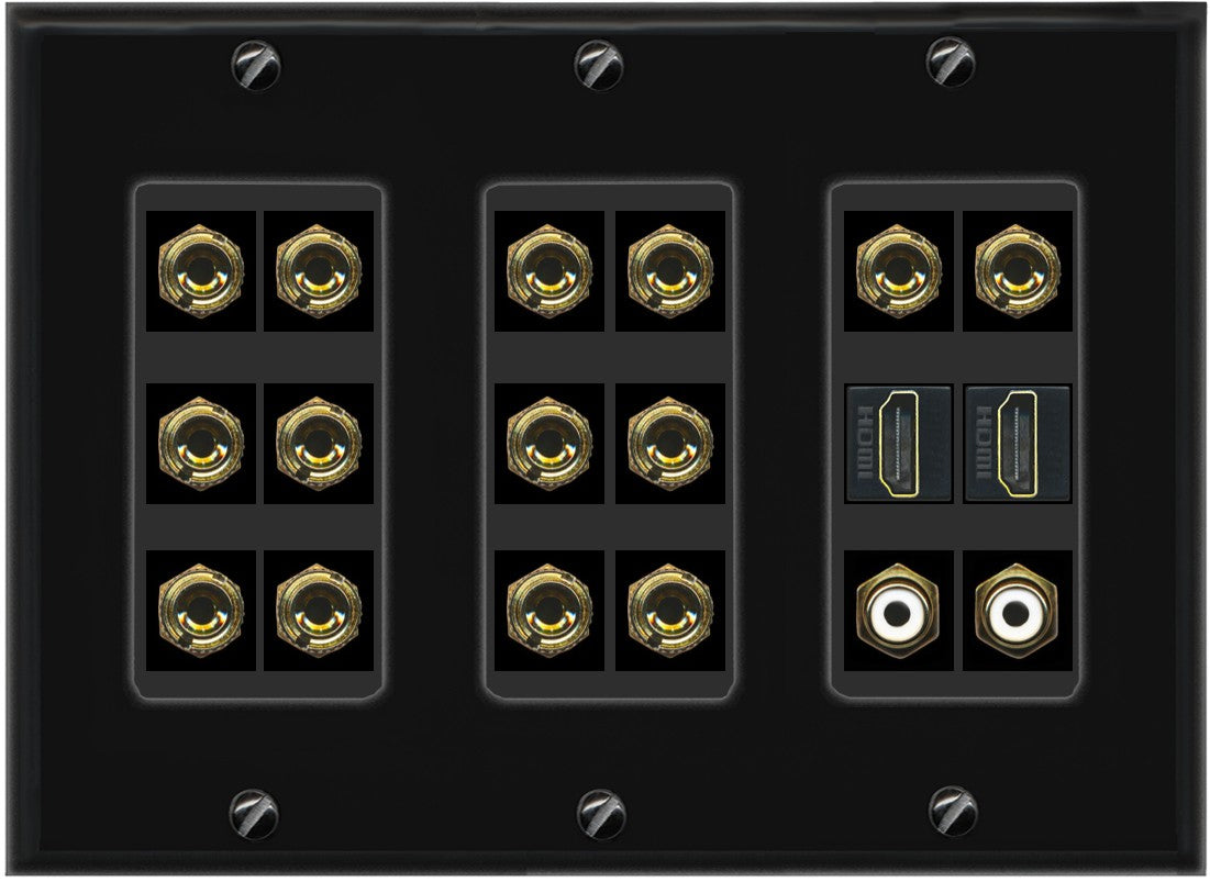 RiteAV 7.2 Surround Sound 7 Speaker 14 Banana Plug Jack Wall Plate w/ 2 RCA Subwoofer + 2 HDMI Female Connectors - 3 Gang [Black]