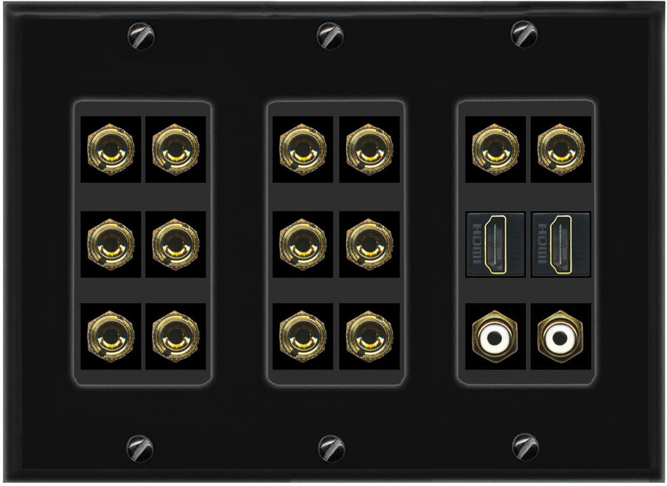 RiteAV 7.2 Surround Sound 7 Speaker 14 Banana Plug Jack Wall Plate w/ 2 RCA Subwoofer + 2 HDMI Female Connectors - 3 Gang [Black]