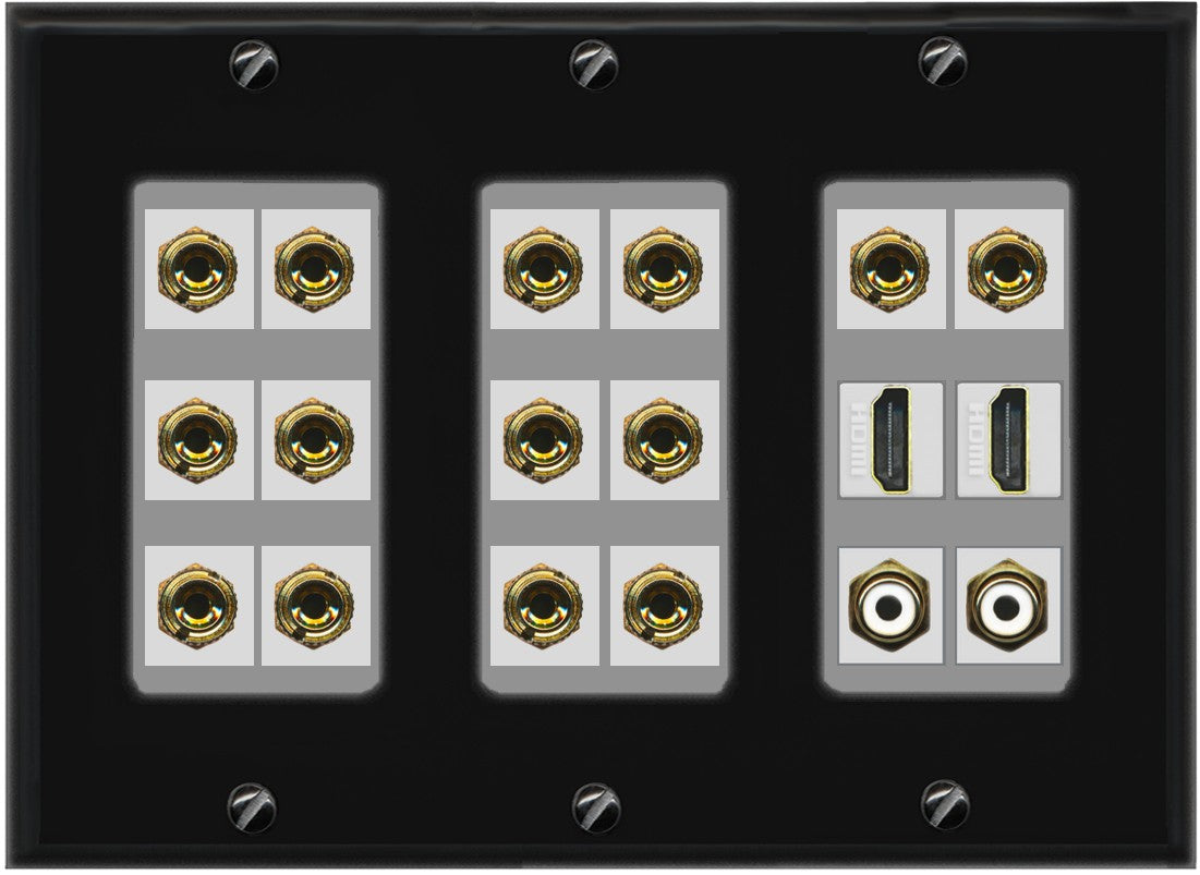 RiteAV 7.2 Surround Sound 7 Speaker 14 Banana Plug Jack Wall Plate w/ 2 RCA Subwoofer + 2 HDMI Female Connectors - 3 Gang [Black/Gray]