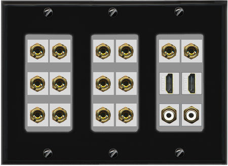 RiteAV 7.2 Surround Sound 7 Speaker 14 Banana Plug Jack Wall Plate w/ 2 RCA Subwoofer + 2 HDMI Female Connectors - 3 Gang [Black/Gray]