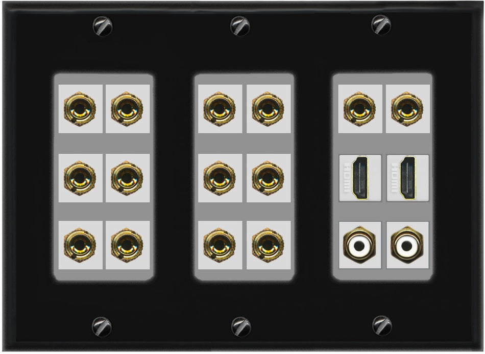RiteAV 7.2 Surround Sound 7 Speaker 14 Banana Plug Jack Wall Plate w/ 2 RCA Subwoofer + 2 HDMI Female Connectors - 3 Gang [Black/Gray]