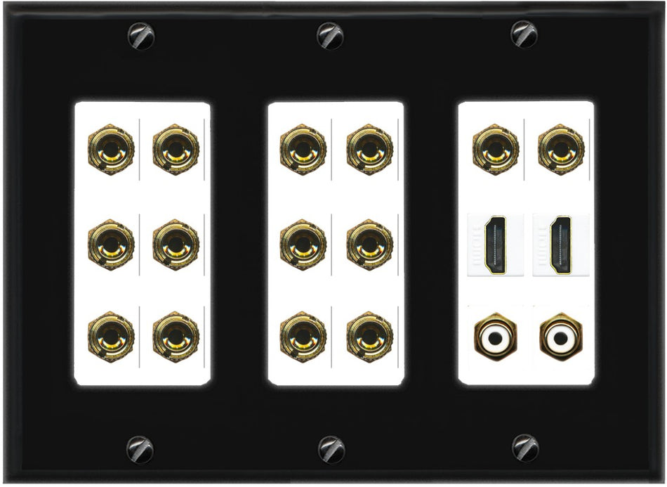 RiteAV 7.2 Surround Sound 7 Speaker 14 Banana Plug Jack Wall Plate w/ 2 RCA Subwoofer + 2 HDMI Female Connectors - 3 Gang [Black/White]