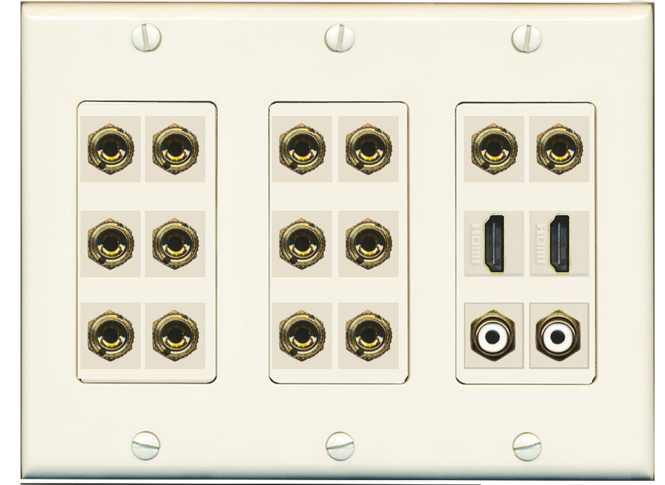 RiteAV 7.2 Surround Sound 7 Speaker 14 Banana Plug Jack Wall Plate w/ 2 RCA Subwoofer + 2 HDMI Female Connectors - 3 Gang [Light Almond]