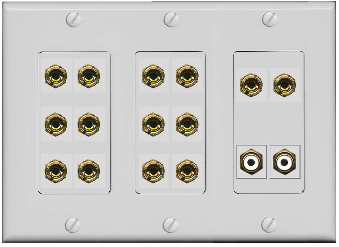 RiteAV 7.2 Surround Sound 7 Speaker 14 Banana Plug Jack Wall Plate w/2 RCA Subwoofer Female Connector - 3 Gang [Gray]