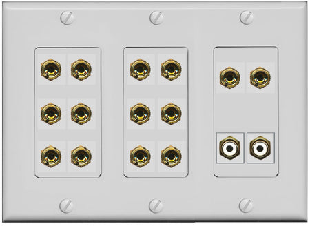 RiteAV 7.2 Surround Sound 7 Speaker 14 Banana Plug Jack Wall Plate w/2 RCA Subwoofer Female Connector - 3 Gang [Gray]