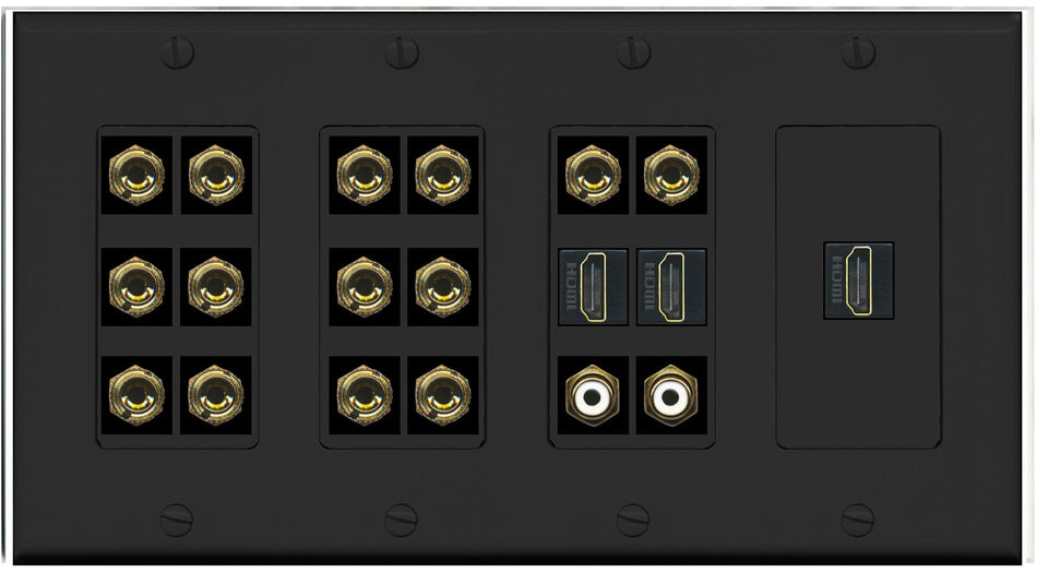 RiteAV 7.2 Surround Sound 7 Speaker 14 Banana Plug Jack Wall Plate w/ 2 RCA Subwoofer + 3 HDMI Female Connectors - 4 Gang [Black]