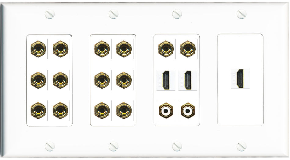 RiteAV 7.2 Surround Sound 7 Speaker 14 Banana Plug Jack Wall Plate w/ 2 RCA Subwoofer + 3 HDMI Female Connectors - 4 Gang [White]