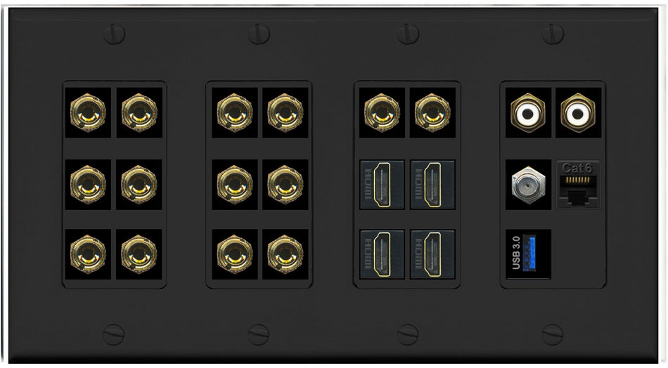 RiteAV 7.2 Surround Sound 7 Speaker 14 Banana Plug Jack Wall Plate w/ 2 RCA Subwoofer + 4 HDMI + 1 x Coax Cat6 USB Jacks - 4 Gang [Black]