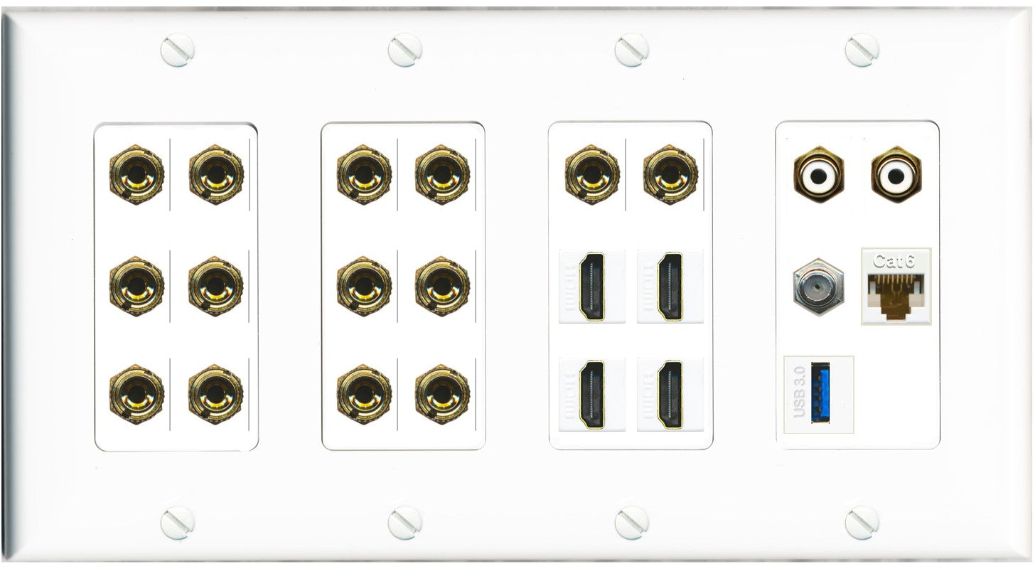RiteAV 7.2 Surround Sound 7 Speaker 14 Banana Plug Jack Wall Plate w/ 2 RCA Subwoofer + 4 HDMI + 1 x Coax Cat6 USB Jacks - 4 Gang [White]