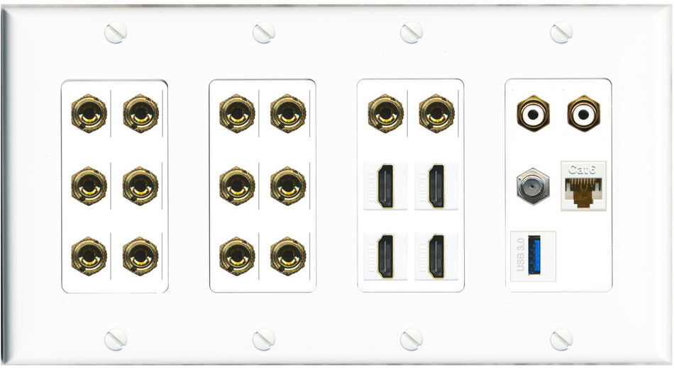 RiteAV 7.2 Surround Sound 7 Speaker 14 Banana Plug Jack Wall Plate w/ 2 RCA Subwoofer + 4 HDMI + 1 x Coax Cat6 USB Jacks - 4 Gang [White]