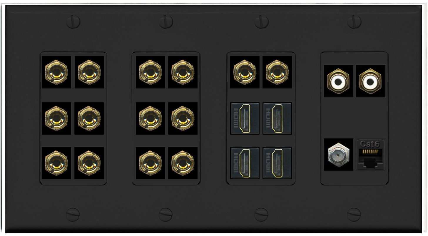 RiteAV 7.2 Surround Sound 7 Speaker 14 Banana Plug Jack Wall Plate w/ 2 RCA Subwoofer + 4 HDMI + 1 x Coax Cat6 Jacks - 4 Gang [Black]