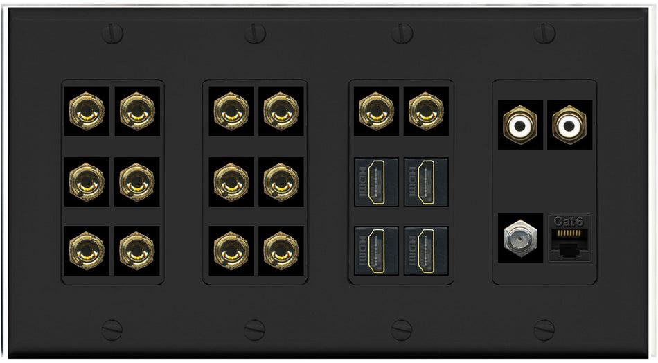 RiteAV 7.2 Surround Sound 7 Speaker 14 Banana Plug Jack Wall Plate w/ 2 RCA Subwoofer + 4 HDMI + 1 x Coax Cat6 Jacks - 4 Gang [Black]